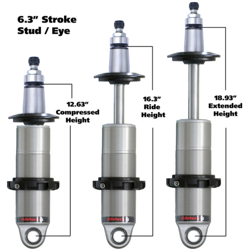 Ridetech Anodized HQ Coilover Shock Single Adjustable 6.3in Stroke / 2in Stud Mount - Single Coilovers Ridetech