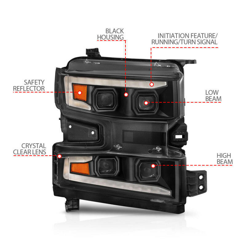 ANZO 19-22 Chevrolet Silverado 1500 LED Proj HL w/Lgt Bar SwBk Seq. Blk w/In. Light - Passenger Side Headlights ANZO