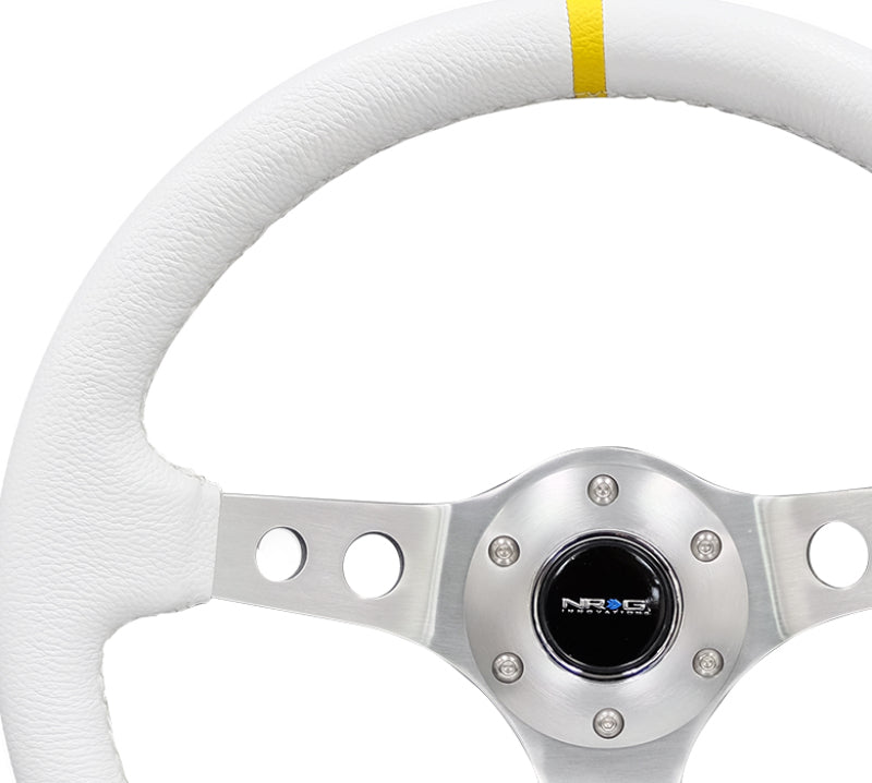 NRG Reinforced Steering Wheel (350mm / 3in. Deep) Wht Leather w/Silver Spoke & Single Yellow Mark Steering Wheels NRG