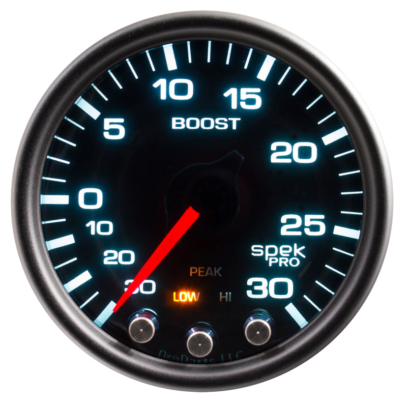 Autometer Spek-Pro Gauge Vac/Boost 2 1/16in 30Inhg-30psi Stepper Motor Peak & Warn Black/Smoke/Black Gauges AutoMeter