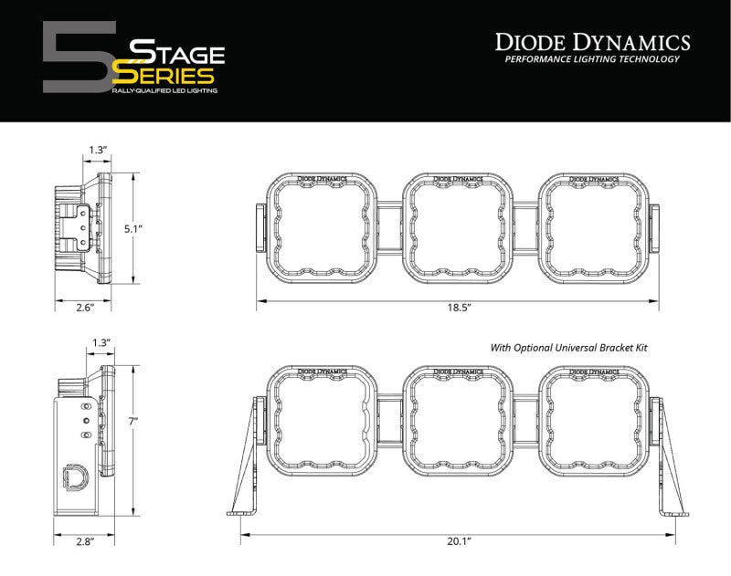 Diode Dynamics SS5 Sport Universal CrossLink 3-Pod Lightbar - Yellow Combo Light Bars & Cubes Diode Dynamics