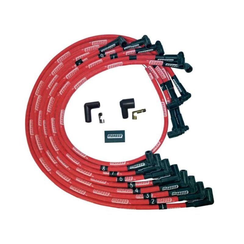 Moroso SBC Under Header Sleeved HEI 90 Degree Boots Ultra Spark Plug Wire Set - Red Spark Plug Wire Sets Moroso