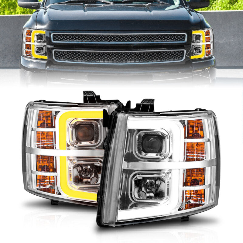 ANZO 2007-2013 Chevrolet Silverado 1500 Projector w/ Light Bar Chrome Housing w/ Sequential Headlights ANZO
