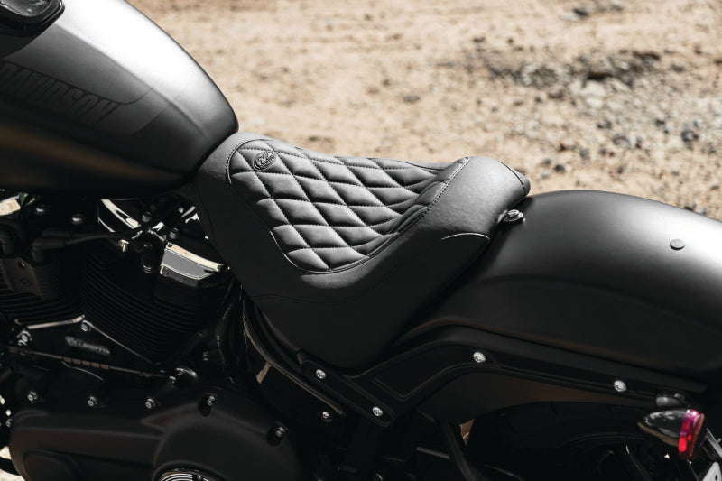 Mustang 18-21 Harley Fat Bob Wide Tripper Solo Seat Diamond Stitch - Black Solo Motorcycle Seats Mustang Motorcycle