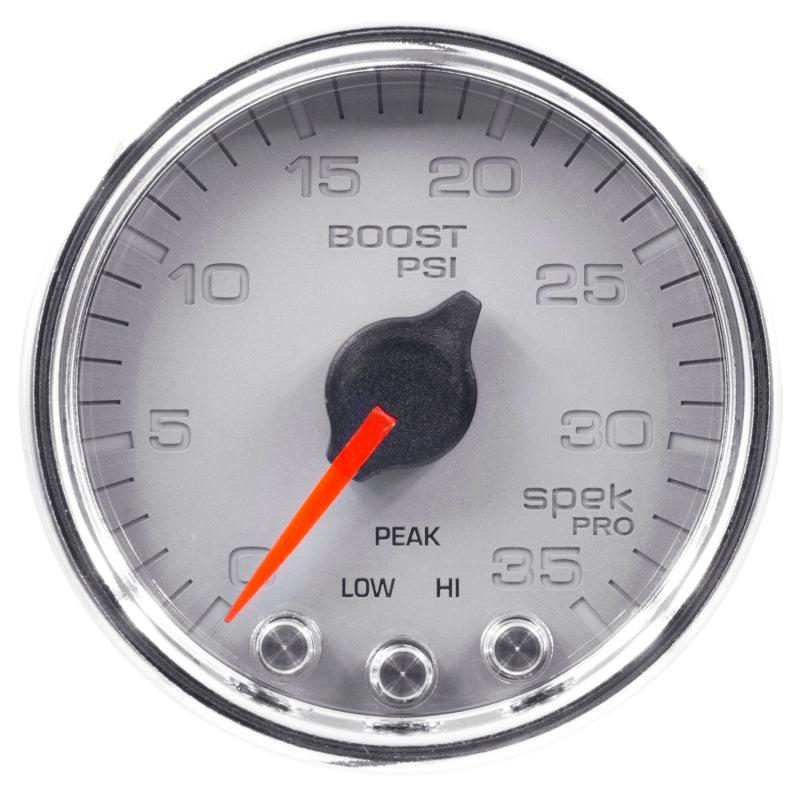 Autometer Spek-Pro Gauge Boost 2 1/16in 35psi Stepper Motor W/Peak & Warn Silver/Chrome Gauges AutoMeter