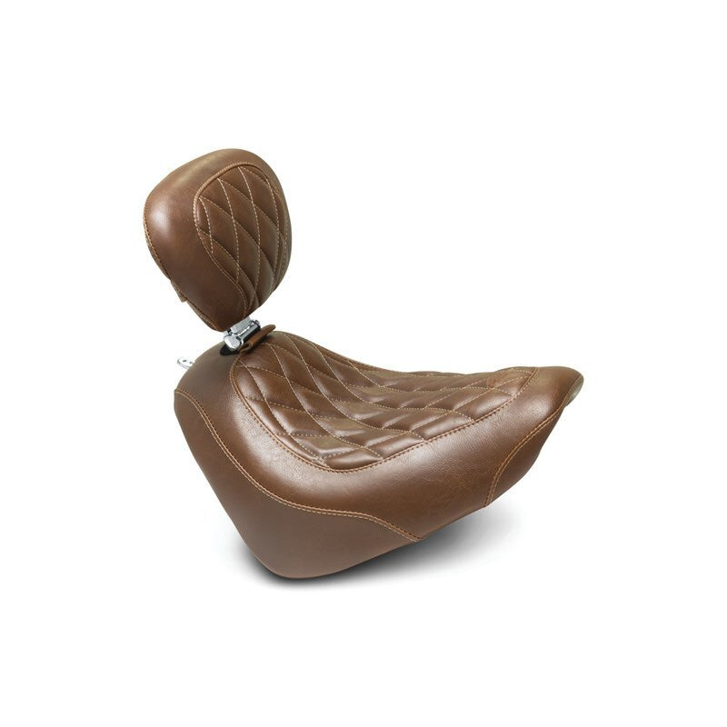 Mustang 18-21 Harley Fat Bob Wide Tripper Solo Seat w/Driver Backrest Diamond Stitch - Brown Solo Motorcycle Seats Mustang Motorcycle