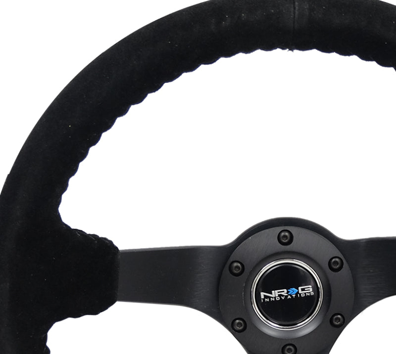 NRG Reinforced Steering Wheel (350mm / 3in. Deep) Blk Suede/Blk Bball Stitch w/5mm Matte Black Spoke Steering Wheels NRG