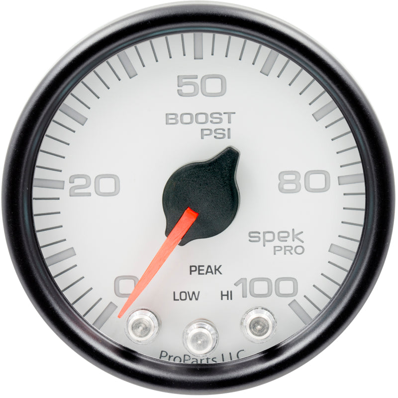 Autometer Spek-Pro Gauge Boost 2 1/16in 100psi Stepper Motor W/Peak & Warn Wht/Blk Gauges AutoMeter