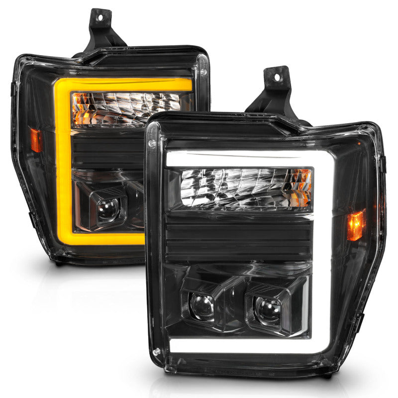 ANZO 08-10 Ford F-250 - F-550 Super Duty Projector Headlights w/ Light Bar Switchback Black Housing Headlights ANZO