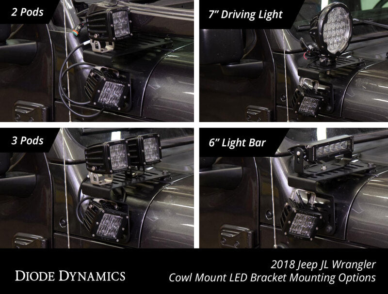 Diode Dynamics 18-21 Jeep JL Wrangler/Gladiator SS3 Cowl LED Bracket Kit - White Sport Light Accessories and Wiring Diode Dynamics