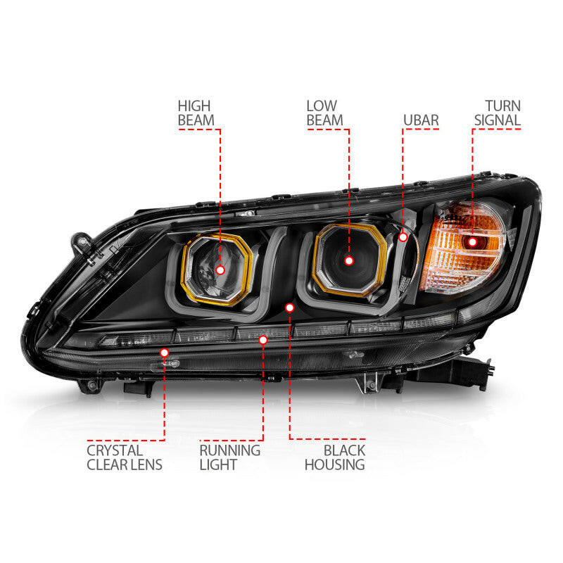 ANZO 2013-2015 Honda Accord (4dr ONLY) Projector Headlights w/ U-Bar Black Headlights ANZO