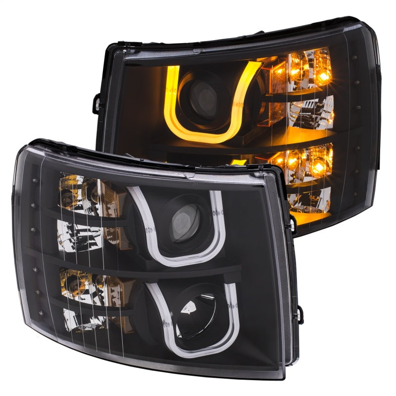 ANZO 2007-2013 Chevrolet Silverado 1500/2500 Projector Headlights w/ U-Bar Switchback Black w/ Amber Headlights ANZO