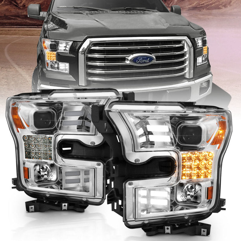 ANZO 15-17 Ford F-150 Proj Headlights w/ Plank Style Design Chrome w/ Amber Sequential Turn Signal Headlights ANZO