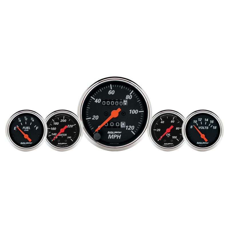 AutoMeter Gauge Kit 5 Pc. 3-1/8in. & 2-1/16in. Mech. Speedo. Wtmp & Oilp Designer Blk Gauges AutoMeter