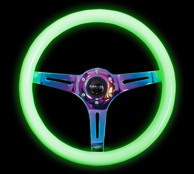 NRG Classic Wood Grain Steering Wheel (350mm) Glow-N-The-Dark Green Grip w/Neochrome 3-Spoke Center Steering Wheels NRG