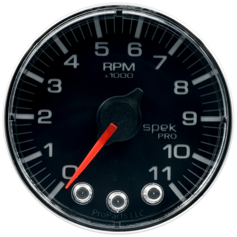 Autometer Spek-Pro Gauge Tach 2 1/16in 11K Rpm W/ Shift Light & Peak Mem Blk/Chrm Gauges AutoMeter