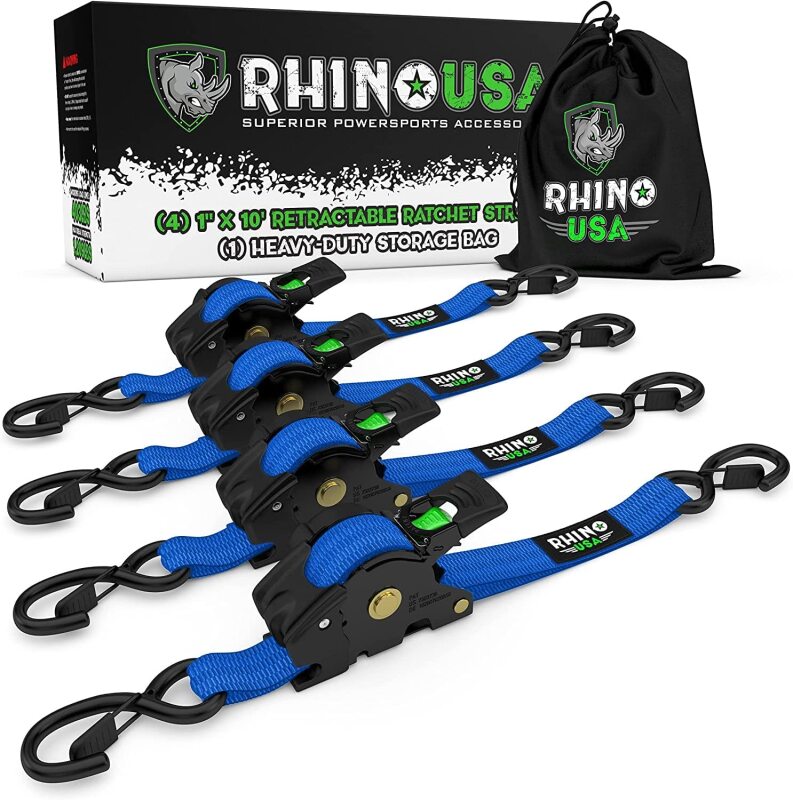Rhino USA Retractable Ratchet Straps (4Pk 1Inx10Ft) (Blue) Tow Straps Rhino USA