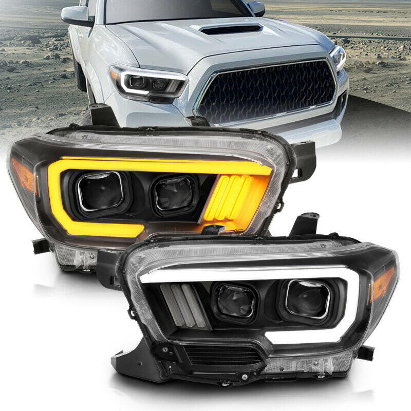 ANZO 2016-2017 Toyota Tacoma Projector Headlights w/ Plank Style Switchback Black w/ Amber Headlights ANZO