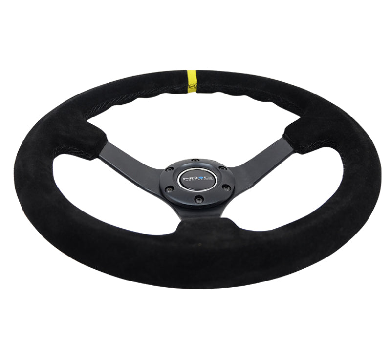NRG Reinforced Steering Wheel (350mm / 3in. Deep) Blk Suede/X-Stitch w/5mm Blk Spoke & Yellow CM Steering Wheels NRG