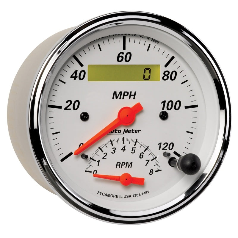 AutoMeter Gauge Tach/Speedo 3-3/8in. 120MPH & 8K RPM Elec. Program. Arctic White Gauges AutoMeter