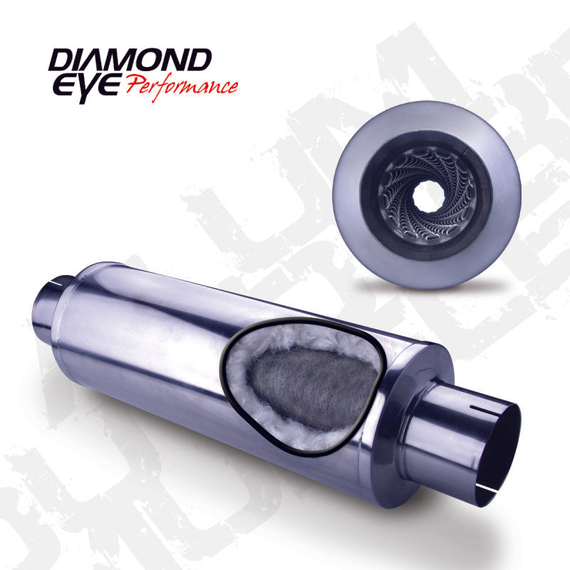 Diamond Eye MFLR 4inID SGL IN/SGL OUT 7inDIA X 24in BODY 30in LENGTH LOUVERED SLOTTED ENDS 409 SS Muffler Diamond Eye Performance