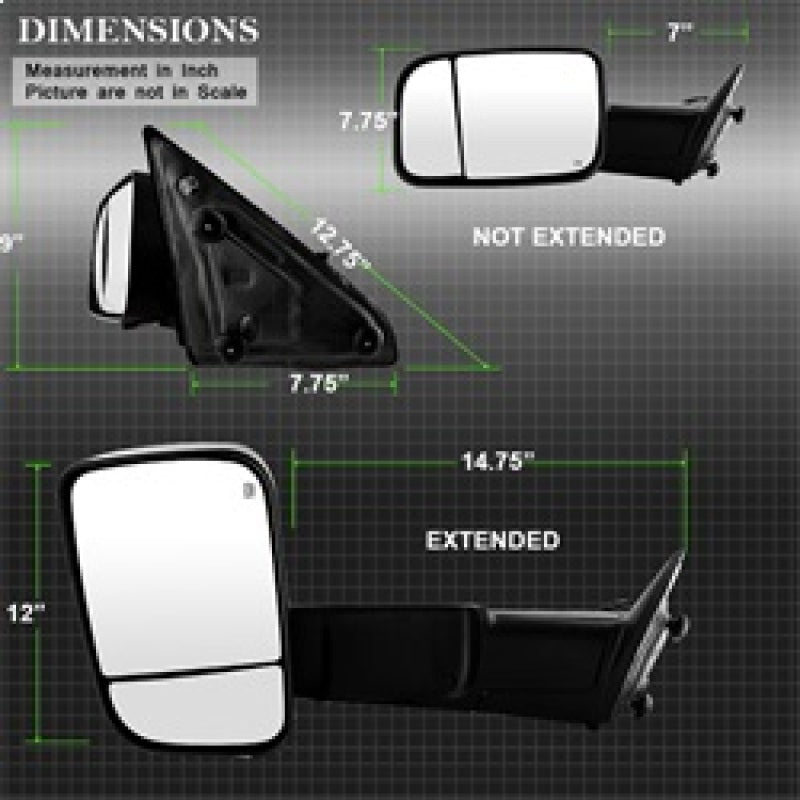 xTune Dodge Ram 1500 09-12 Extendable Heated Adjust Mirror Black Housing Left MIR-DRAM09S-PWH-L Side Mirrors SPYDER