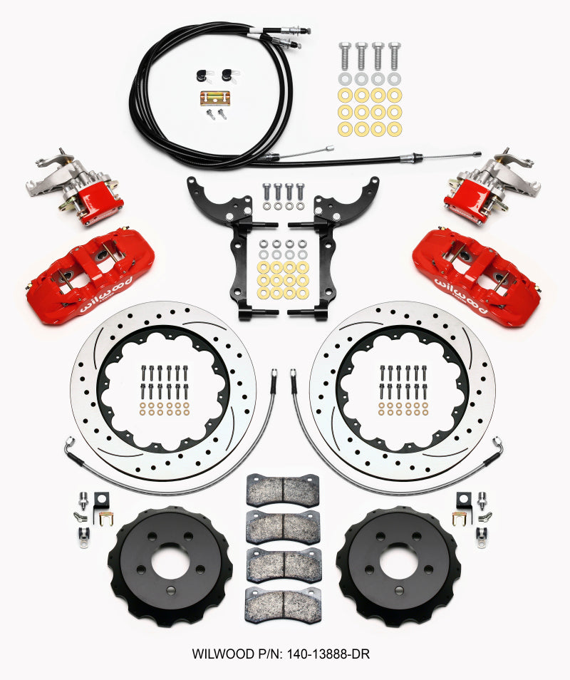 Wilwood AERO4 / MC4 Rear Kit 14.00 Drilled Red 15-23 Mustang w/Lines & Cables Big Brake Kits Wilwood