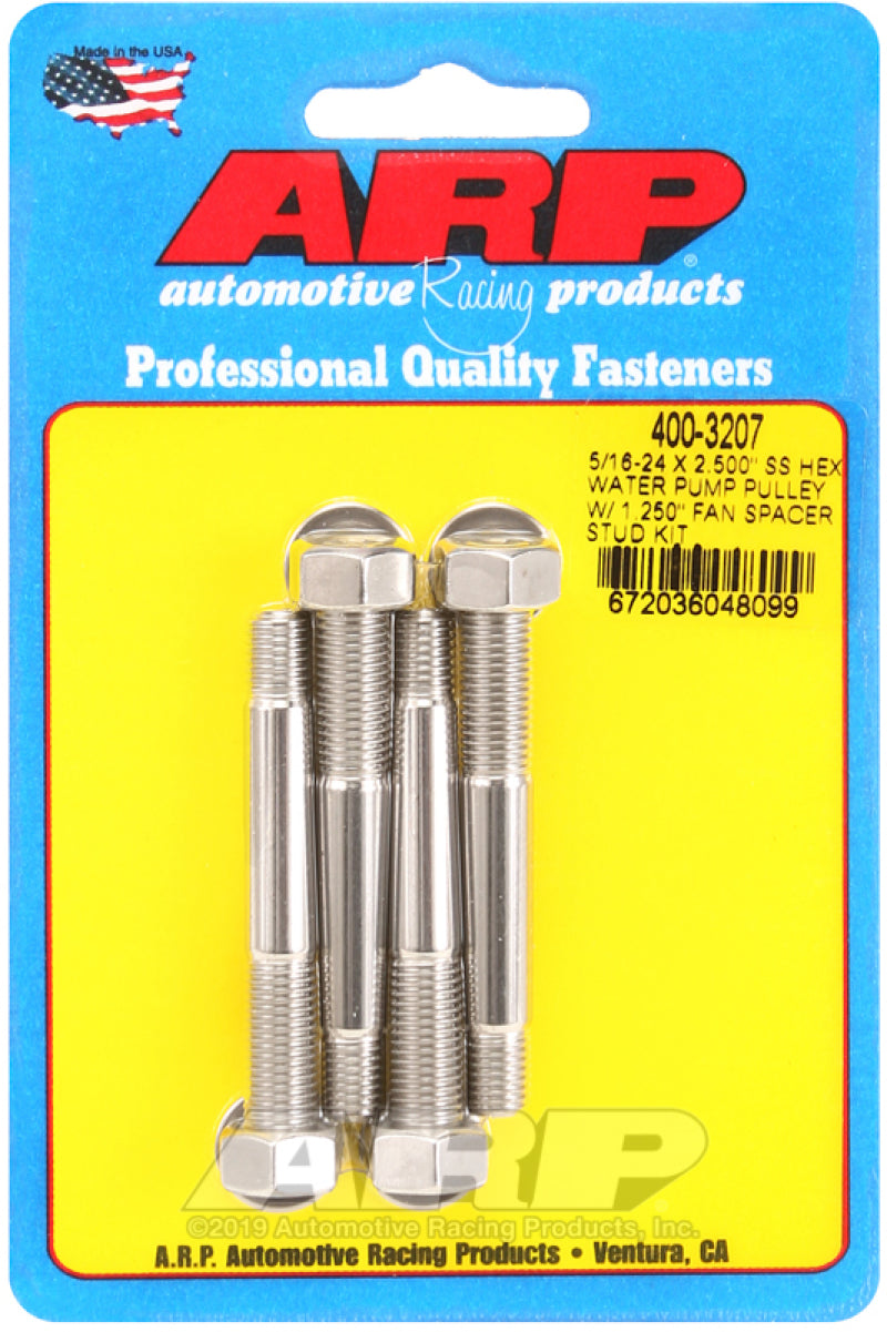 ARP 5/16-24 X 2.500 SS Hex Water Pump Pulley w/ 1.250in Fan Spacer Stud Kit Hardware - Singles ARP