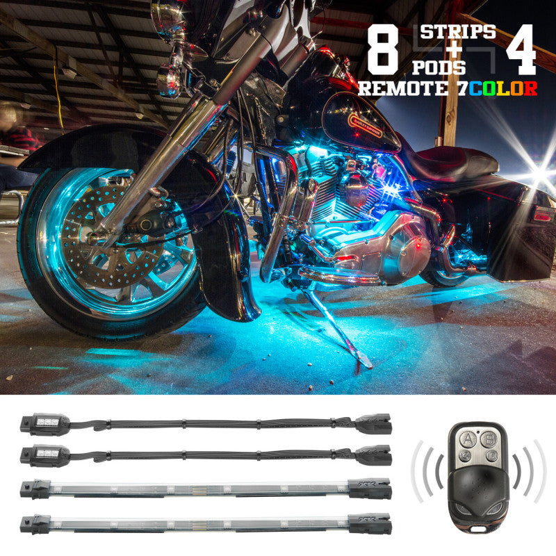XK Glow Flex Strips 7 Color LED Accent Light Motorcycle/ATV Kit (8xCompact Pods + 4x10In) Light Accessories and Wiring XKGLOW