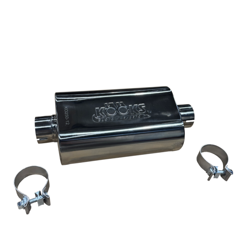 Kooks 2.5in Oval Clamp In Muffler 12in Long Body Polished Stainless Steel Muffler Kooks Headers