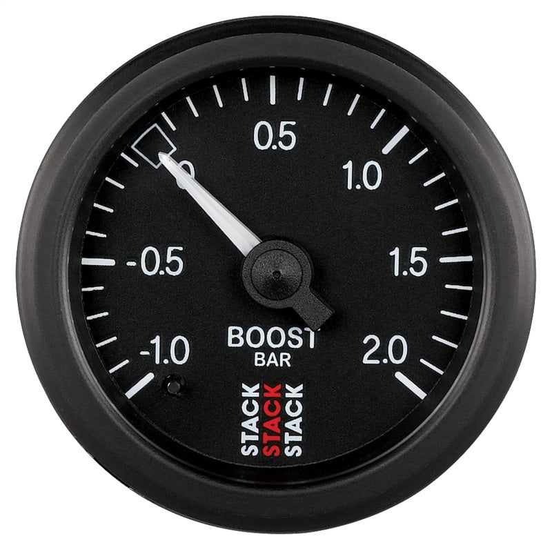 Autometer Stack 52mm -1 to +2 Bar T-Fitting 0.187in Barb (M) Mechanical Boost Pressure Gauge - Black Gauges AutoMeter