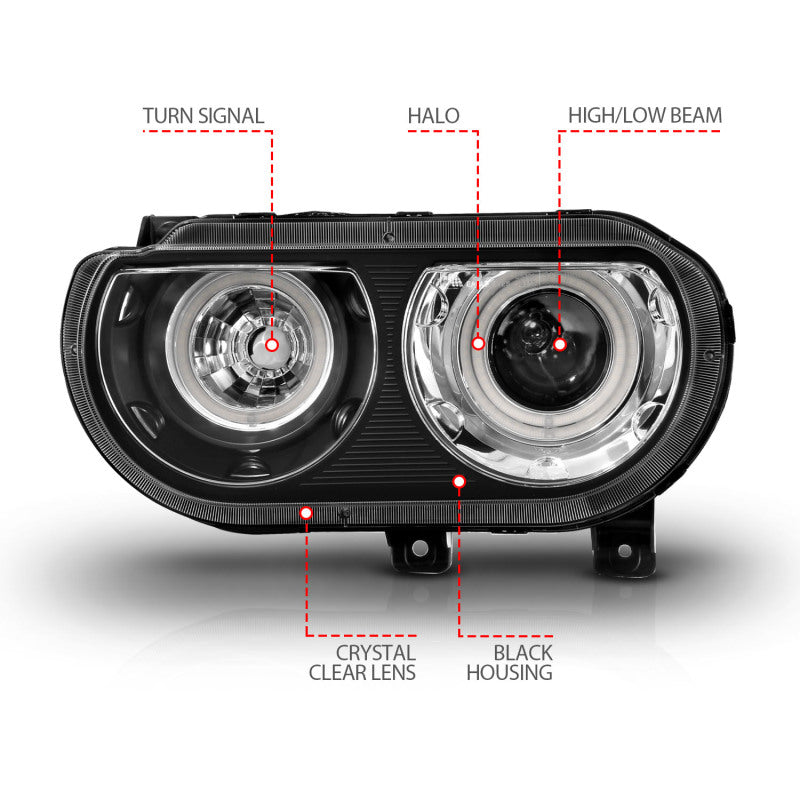 ANZO 2008-2014 Dodge Challenger Projector Headlights w/ Halo Black (CCFL) Headlights ANZO
