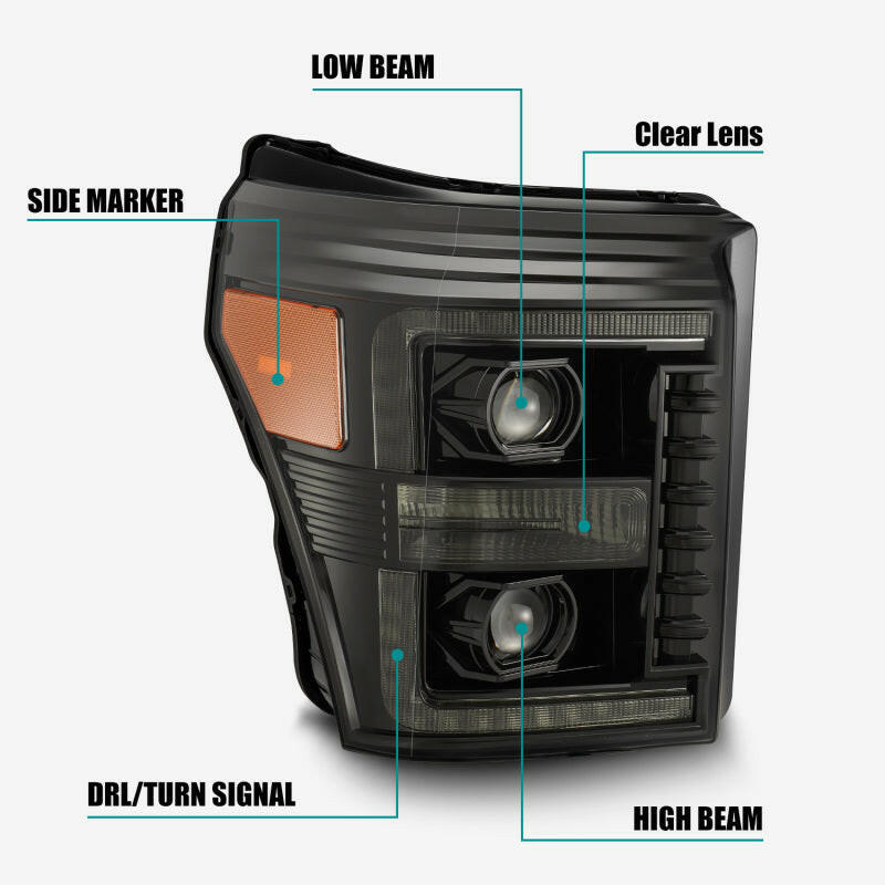 AlphaRex 11-16 Ford F-350 SD LUXX LED Proj Headlights Plank Style Alpha Blk w/Activ Light/Seq Signal Headlights AlphaRex