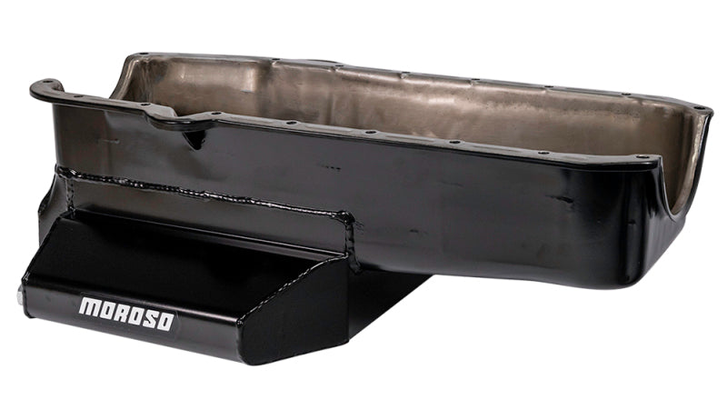 Moroso 80-85 Chevy SBC/Dart (w/2 Pc Seal/Low Clearance) Wet Sump 7qt 7in Steel Oil Pan - Black Oil Pans Moroso