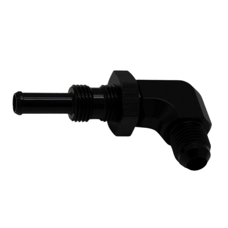 DeatschWerks 6AN Male Flare to 5/16in Male Barb Bulkhead Adapter 90-Degree - Anodized Matte Black Fittings DeatschWerks