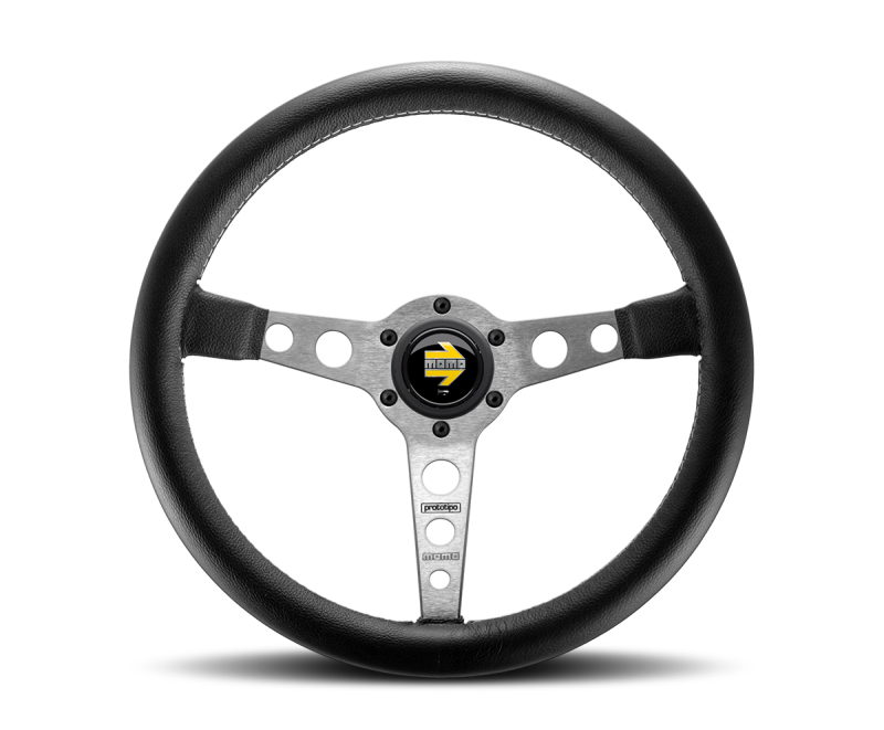 Momo Prototipo Steering Wheel 350 mm - Black Leather/Wht Stitch/Brshd Spokes Steering Wheels MOMO