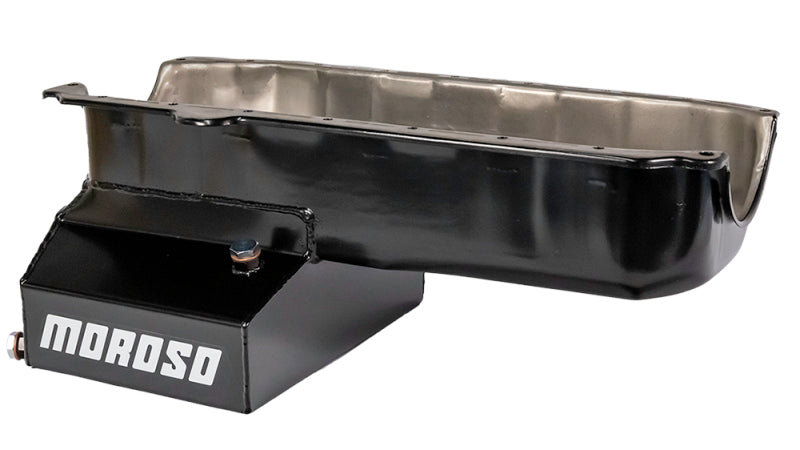 Moroso Pre-85 Chevrolet Small Block (w/Passenger Side Dipstick) Wet Sump 7qt 8in Steel Oil Pan - Blk Oil Pans Moroso