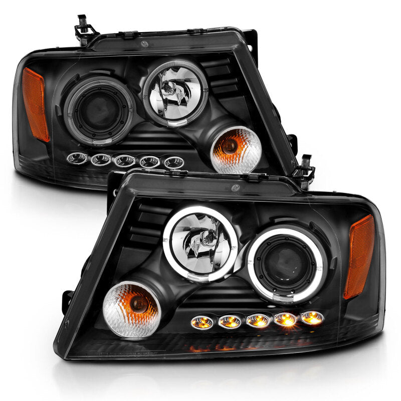 ANZO 2004-2008 Ford F-150 Projector Headlights w/ Halo and LED Black G2 Headlights ANZO