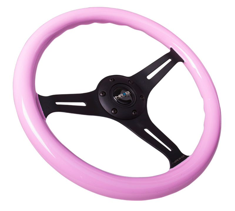 NRG Classic Wood Grain Steering Wheel (350mm) Solid Pink Painted Grip w/Black 3-Spoke Center Steering Wheels NRG