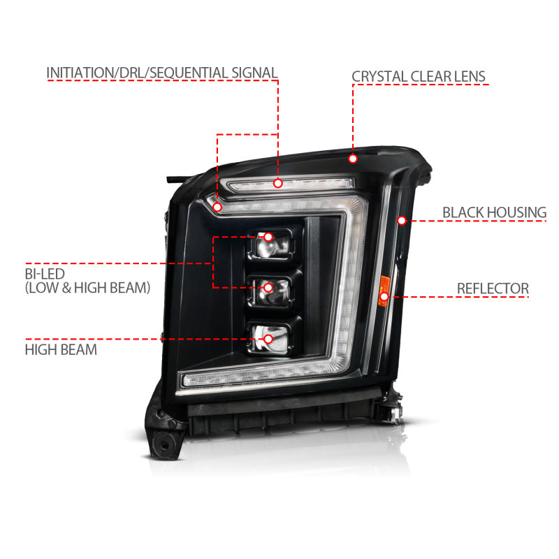 ANZO 15-20 GMC Yukon (Incl XL - Factory Halogen Models) Full LED Proj Headlights Black - Driver Side Headlights ANZO