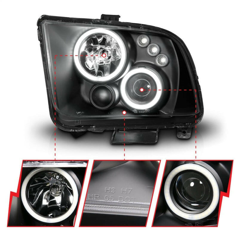 ANZO 2005-2009 Ford Mustang Projector Headlights w/ Halo Black Headlights ANZO