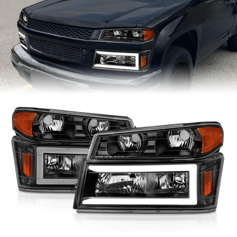 ANZO 04-12 GM Colorado/Canyon/I-Series Crystal Headlights - w/ Light Bar Black Housing 4pcs Headlights ANZO