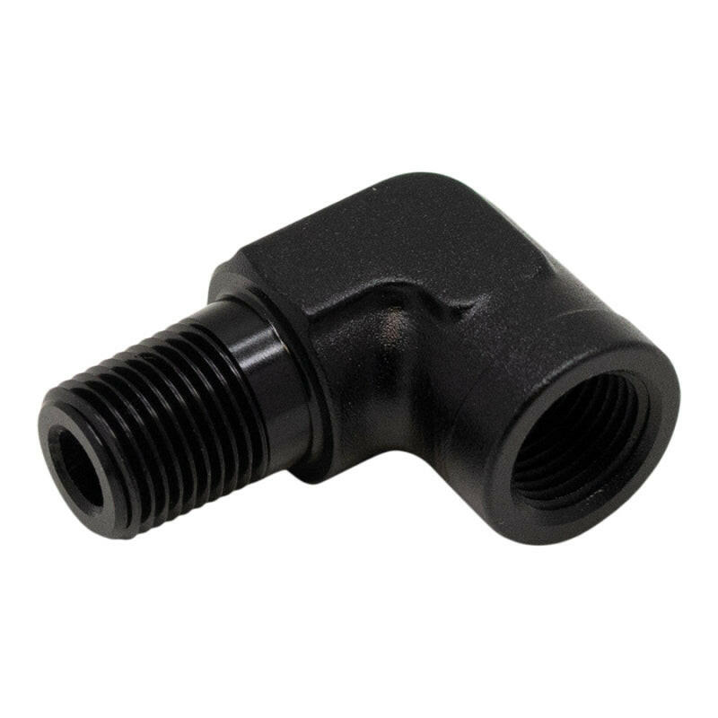 DeatschWerks 90-Degree 1/8in NPT Male to Female 1/8in NPT - Anodized Matte Black Fittings DeatschWerks