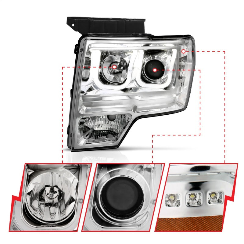 ANZO 2009-2014 Ford F-150 Projector Headlights w/ U-Bar Chrome Headlights ANZO