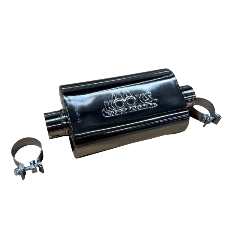 Kooks 2.5in Oval Clamp In Muffler 12in Long Body Polished Stainless Steel Muffler Kooks Headers