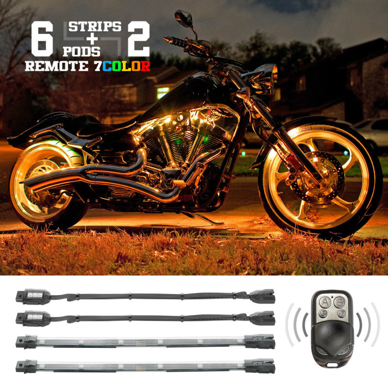 XK Glow Flex Strips 7 Color LED Accent Light Motorcycle/ATV (6xCompact Pods + 2x10In) Light Accessories and Wiring XKGLOW