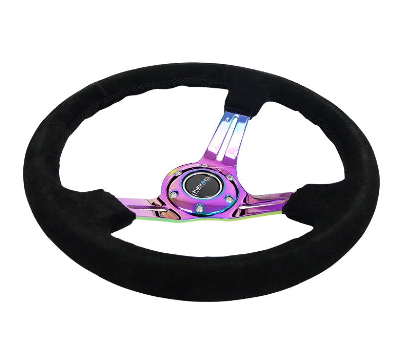 NRG Reinforced Steering Wheel (350mm / 3in. Deep) Blk Suede/Blk Stitch w/Neochrome Slits Steering Wheels NRG