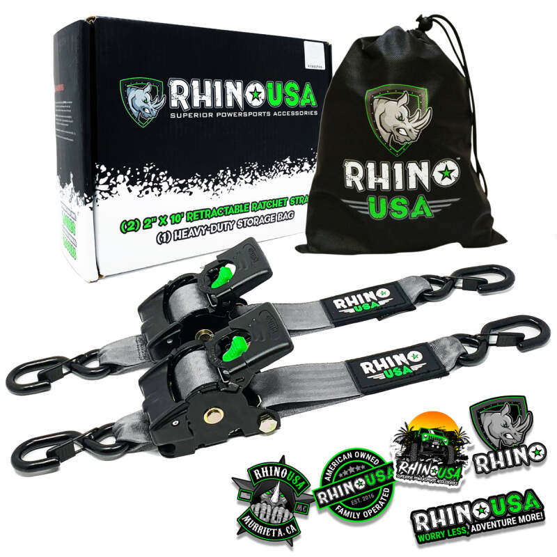 Rhino USA Retractable Ratchet Straps (2Pk 2Inx10Ft) Gray Tow Straps Rhino USA