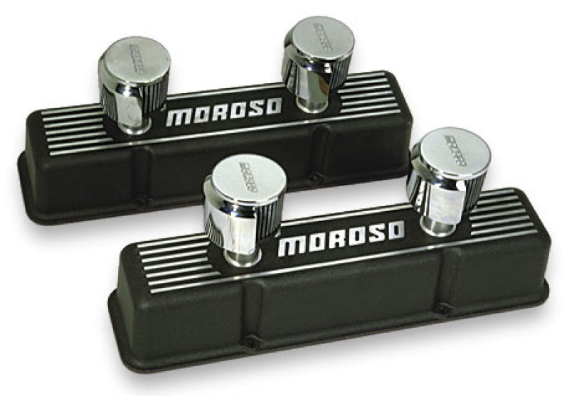Moroso Chevrolet Small Block Valve Cover - 2 Covers w/2 Breathers - Black Finished Aluminum - Pair Valve Covers Moroso