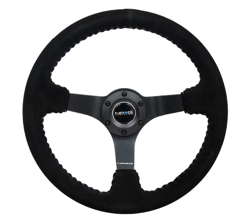 NRG Reinforced Steering Wheel (350mm / 3in. Deep) Blk Suede/Silver BBall Stitch w/5mm Mt. Blk Spokes Steering Wheels NRG